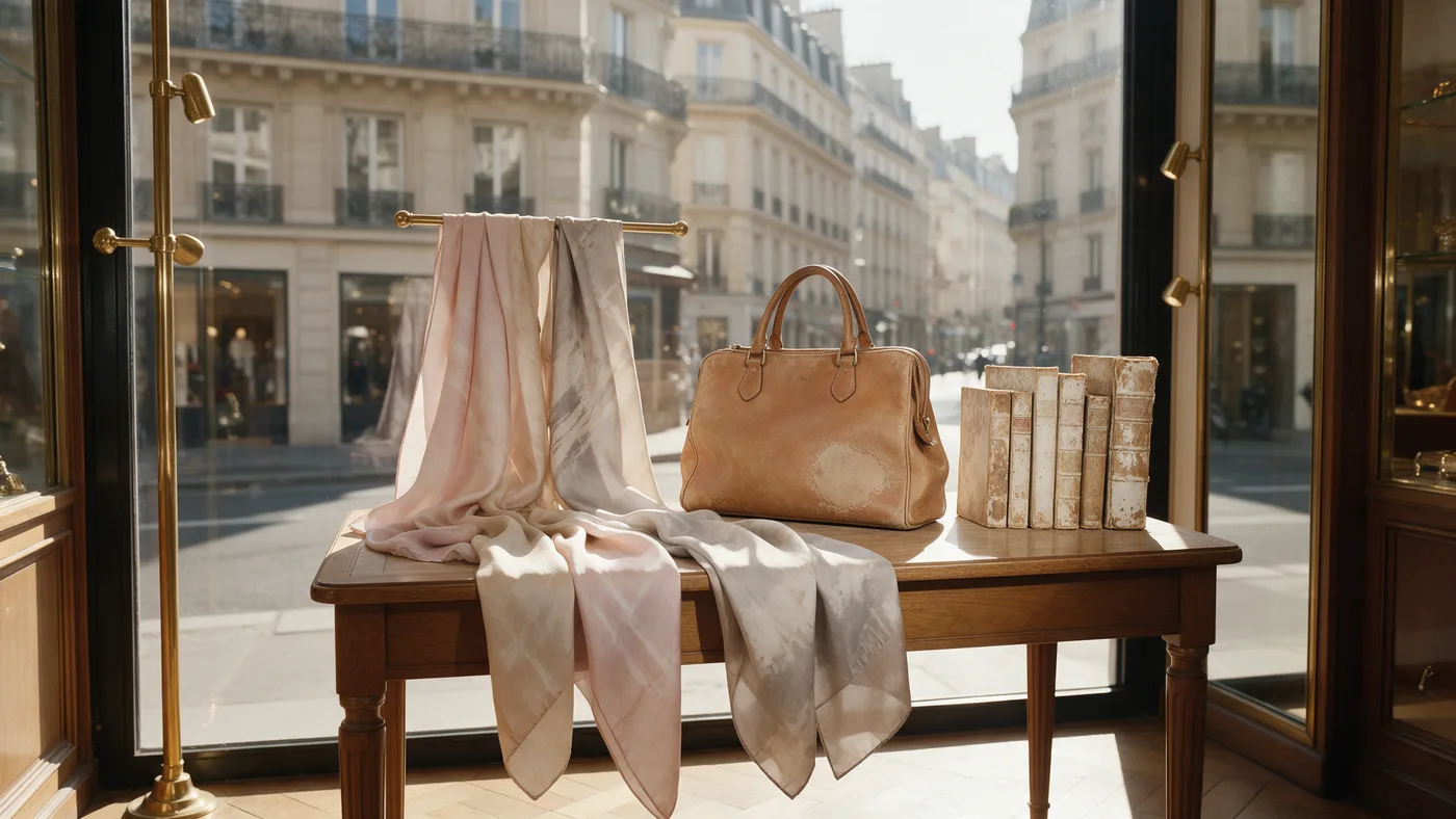 Foulards, sac en cuir et livres anciens décolorés par le soleil derrière une vitrine parisienne
