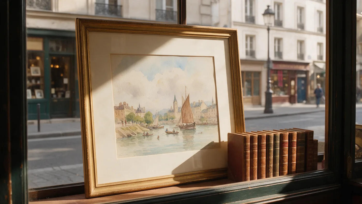 Aquarelle encadrée et livres reliés dans la vitrine d'une boutique d'antiquités parisienne