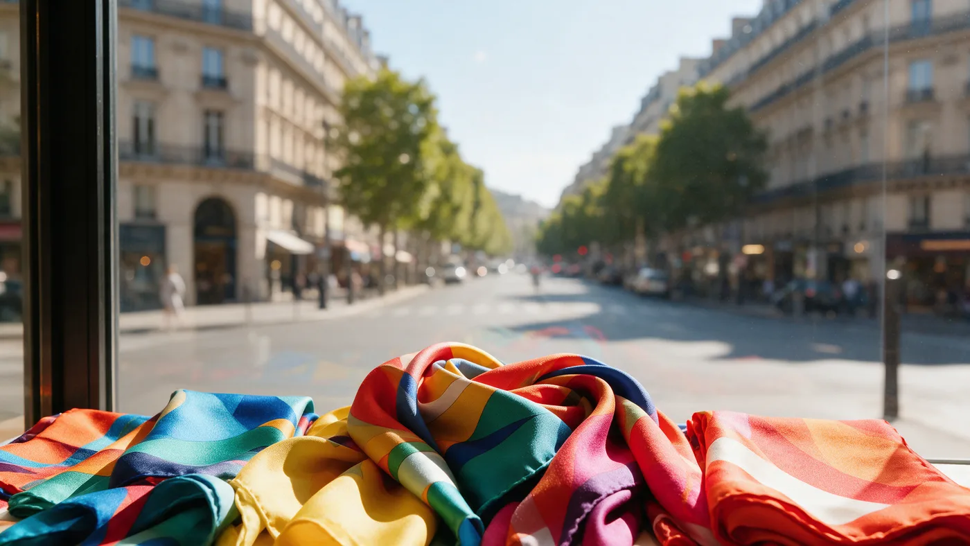Foulards en soie aux couleurs vives derrière une vitrine protégée du soleil