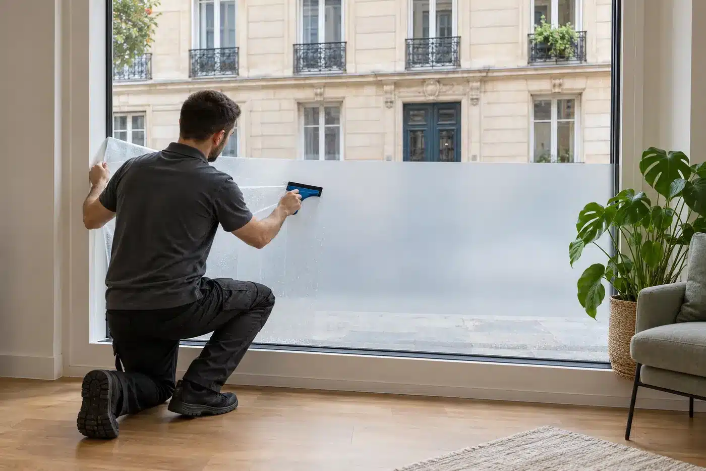 Technicien posant un film dépoli sur la moitié basse d'une fenêtre de rez-de-chaussée donnant sur la rue