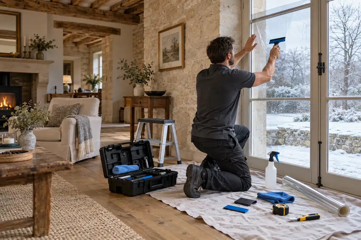 Technicien posant un film sur une porte-fenêtre en hiver, dans un salon chauffé par une cheminée